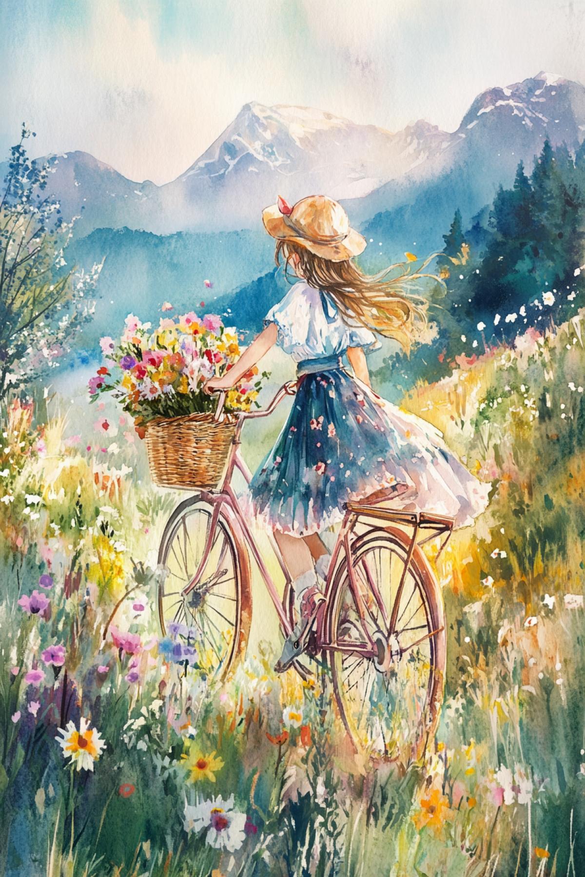 morning dawn among wildflowers, against the backdrop of quaint mountains, a girl in anime style collects flowers in a basket on a bicycle, very cute, incredibly beautiful, detailed, watercolor