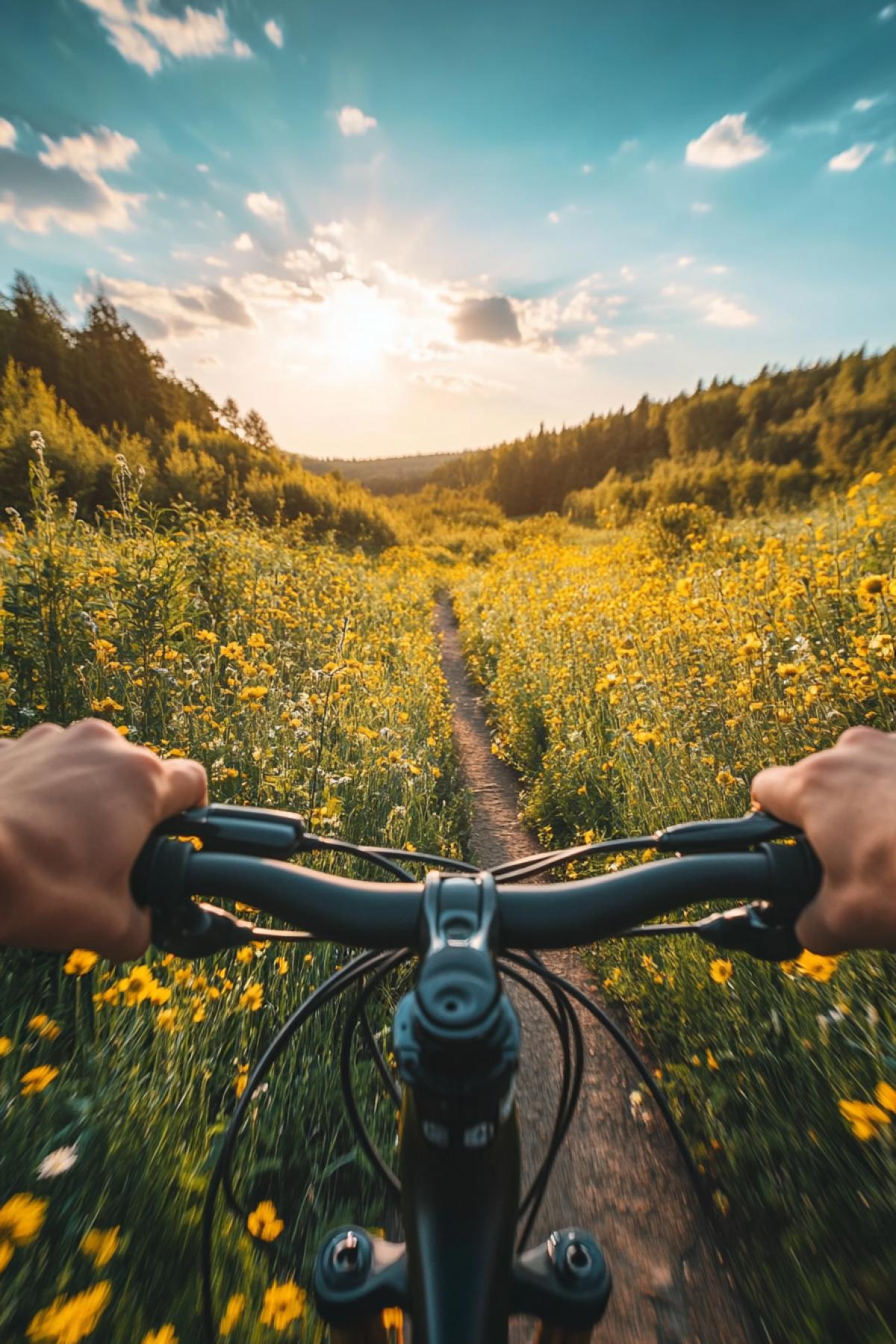 The view from behind the wheel of a bicycle, the hands of the cyclist are visible all around, the extraordinary beauty of nature, summer is in full swing