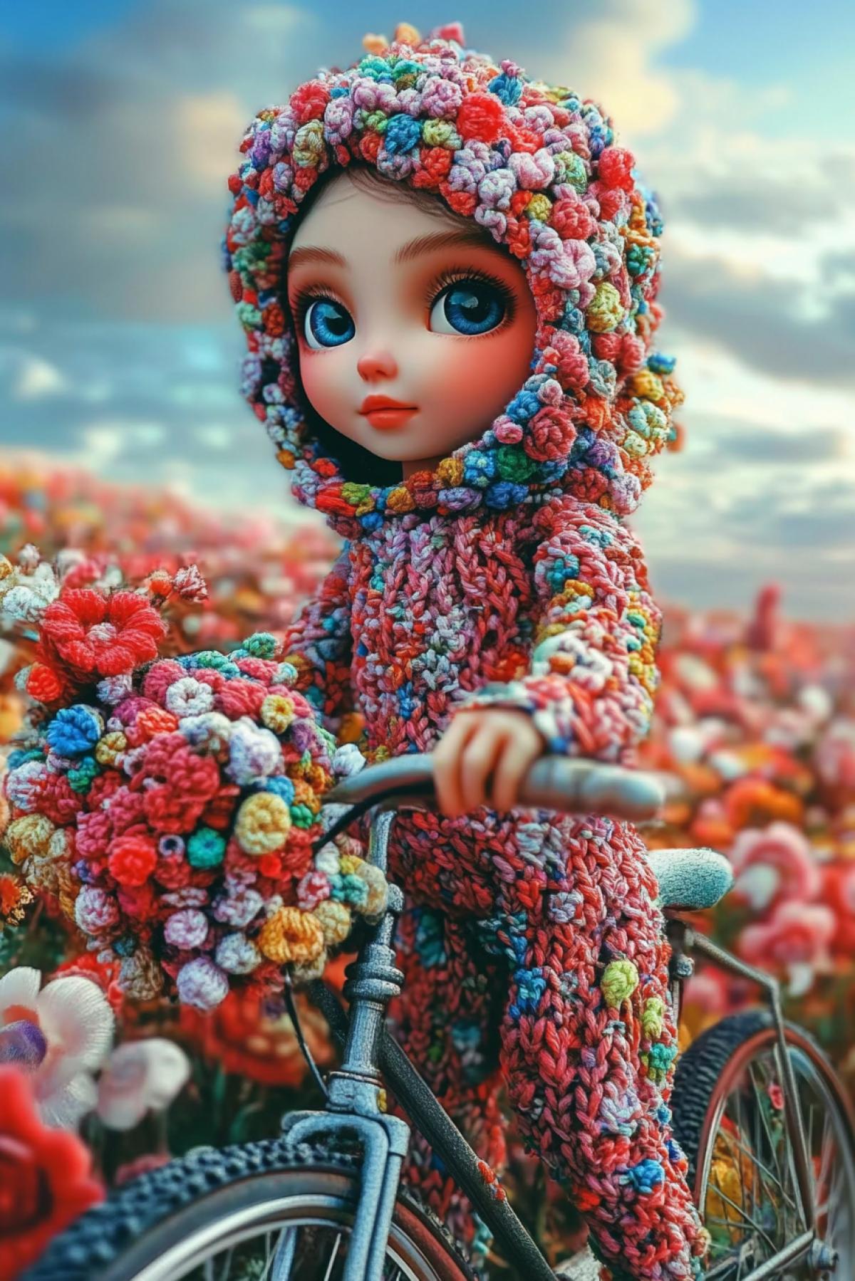 Beautiful doll face, in a knitted floral outfit on a bicycle, walking among the knitted fields
