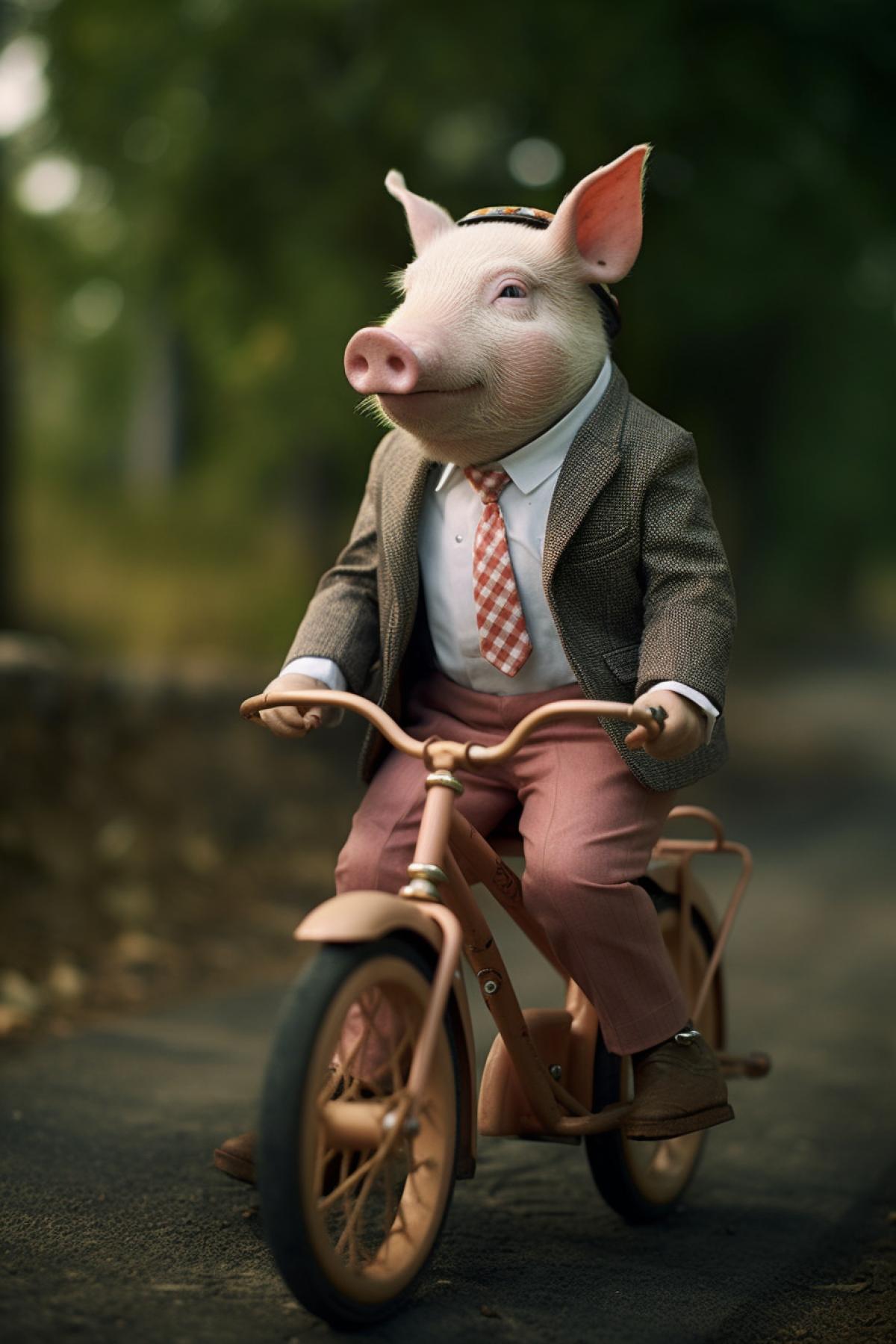 Pig in a suit on a bicycle