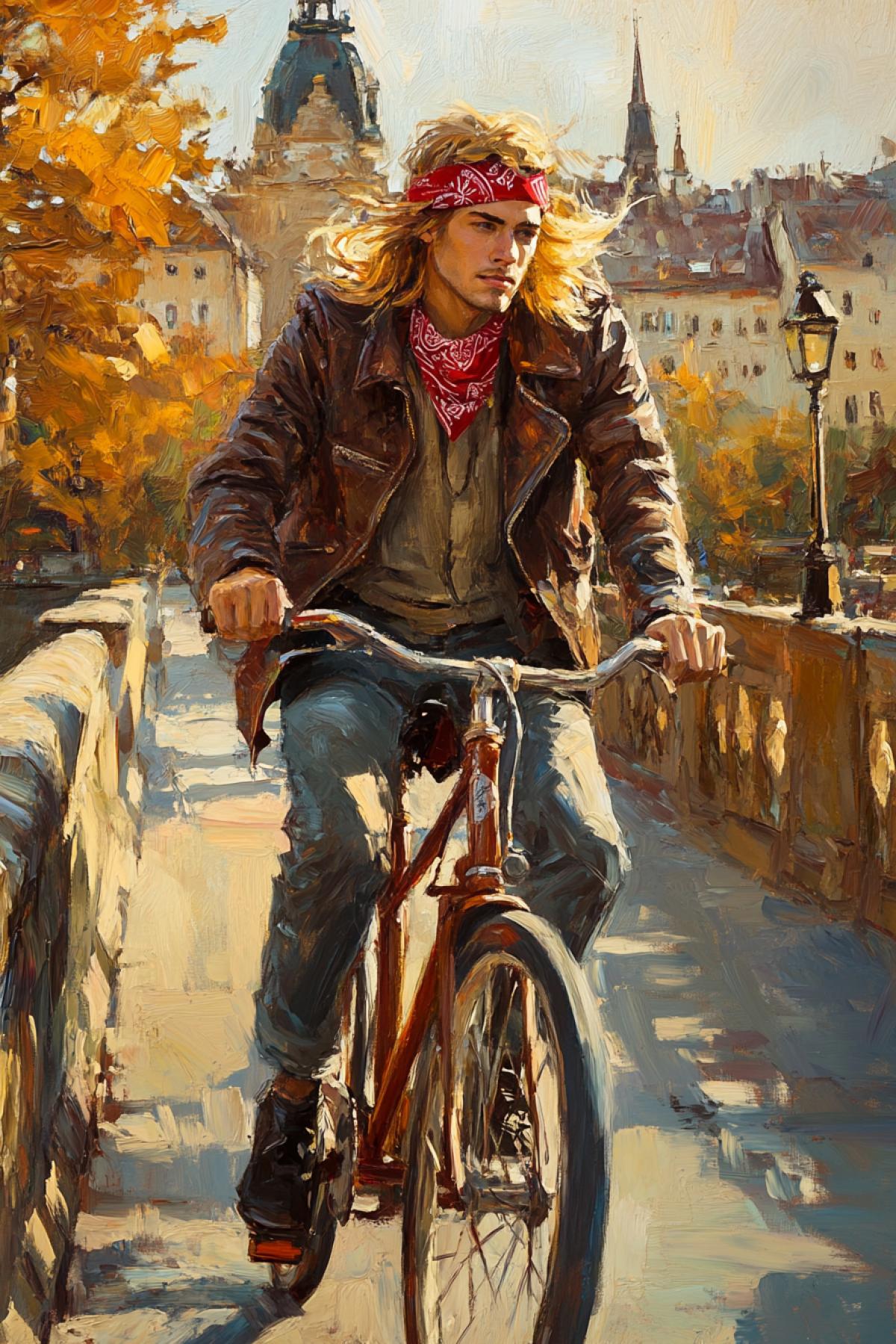 Blond young man in red bandana and leather jacket riding big old bicycle on ancient stone bridge in old town, autumn, his hair fluttering in wind. oil painting, multi-layered impasto, warm colors , raw style