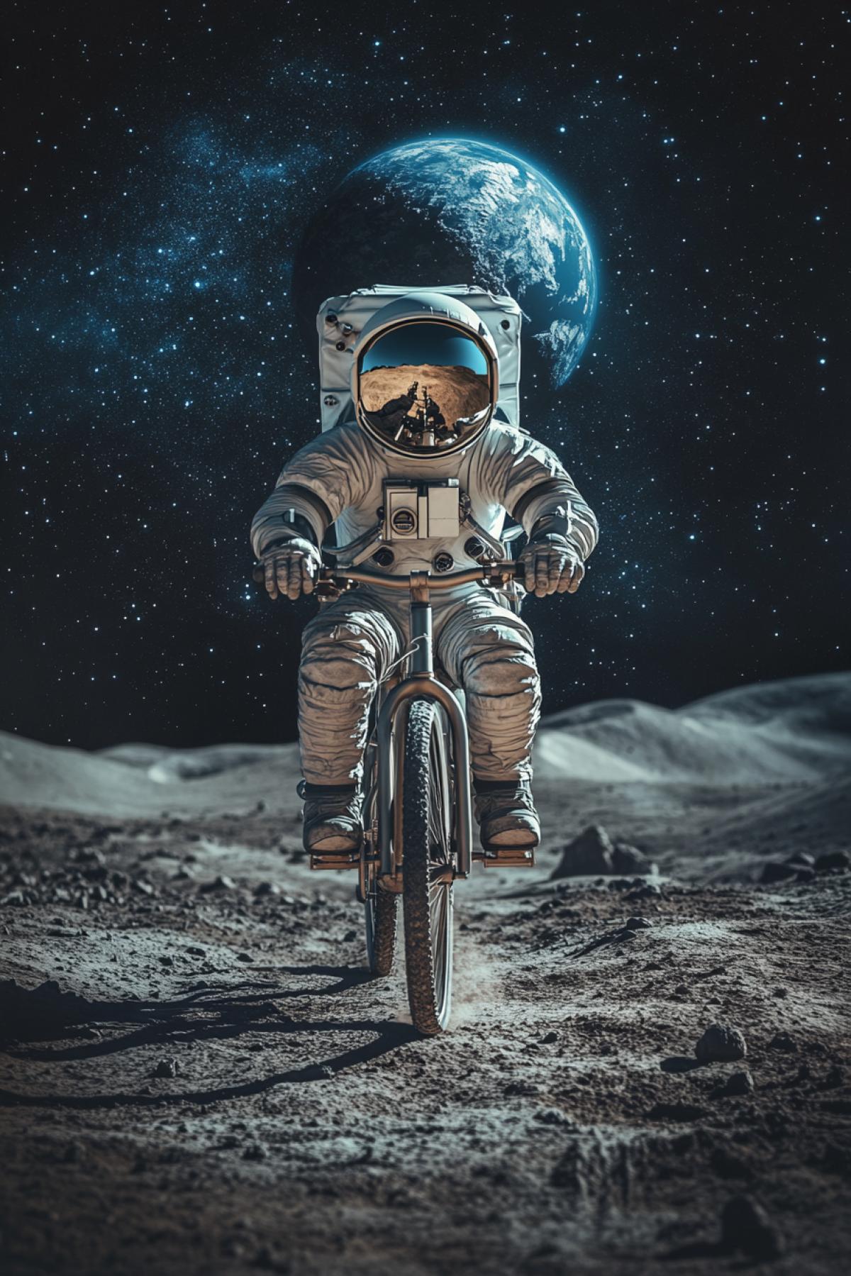 An astronaut cyclist rides on the lunar surface, around there are endless gray landscapes, a starry sky, planet Earth is visible on the horizon, a bicycle with powerful wheels for moving through dust and craters, a helmet reflects outer space, a feeling of loneliness and the boundlessness of the universe, silence.