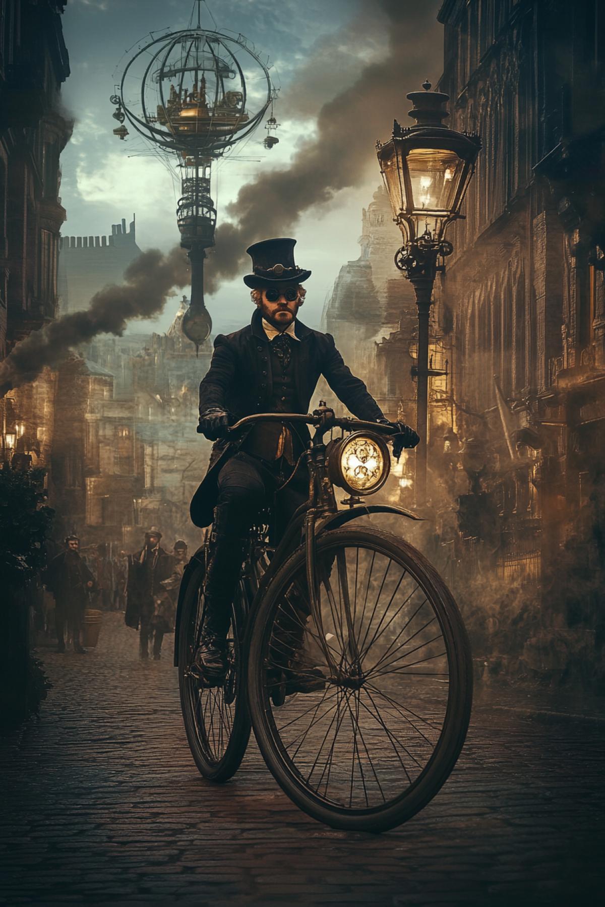 Time traveler cyclist, antique costume of the Victorian era, vintage bicycle with a large front wheel, a steampunk city around, steam engines and airships in the sky, smoke from chimneys, bronze and copper shades, a thick atmosphere of steam and oil, a sense of adventure and fantasy .