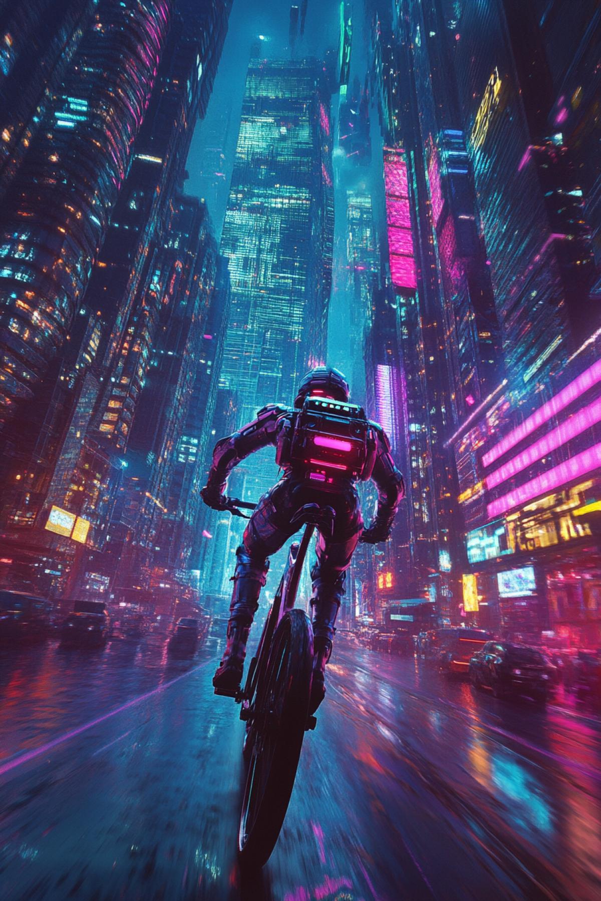 A robot cyclist rides through a futuristic city surrounded by high-tech buildings, neon lights illuminate the road, bicycle tires glow, the metallic shine of the robot , transparent holographic panels on skyscrapers, cyberpunk atmosphere, night time, dynamics and speed.