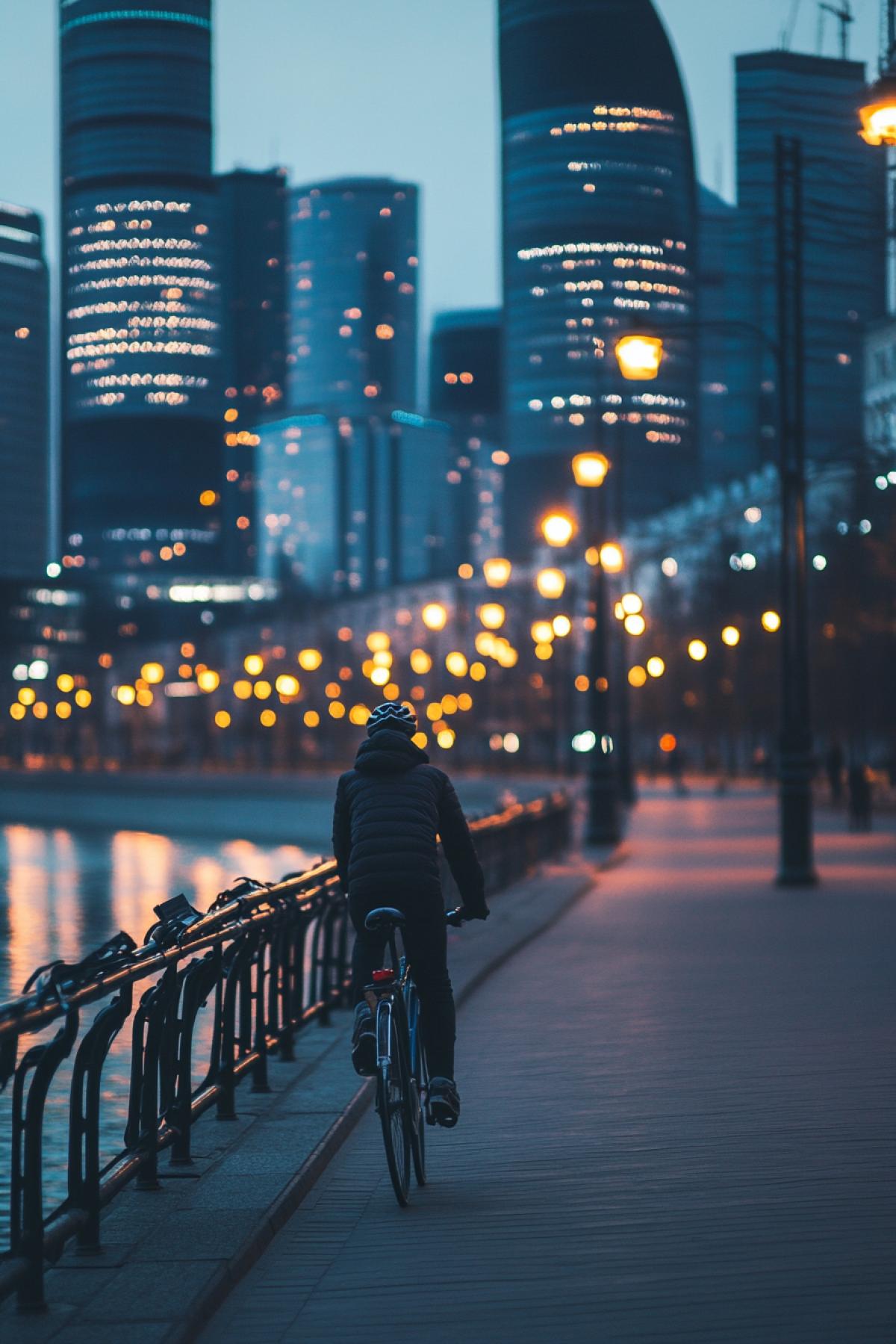City evening, a cyclist rides along the embankment, the sparkling lights of skyscrapers are in the background, the smooth surface of the river reflects the light of lanterns, asphalt paths, soft warm lighting, evening coolness, a feeling of dynamics and modernity, motion blur, focus on the urban atmosphere.