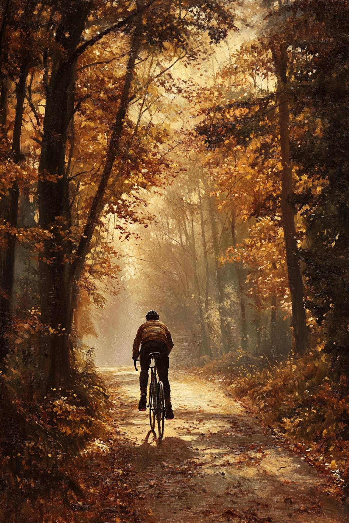 Autumn forest, a cyclist makes his way along the path, there are golden and crimson leaves all around, a palette of rich autumn tones, soft light breaking through the trees, rustling leaves under the wheels, light fog, a calm atmosphere, a feeling of unity with nature, a quiet, peaceful moment.
