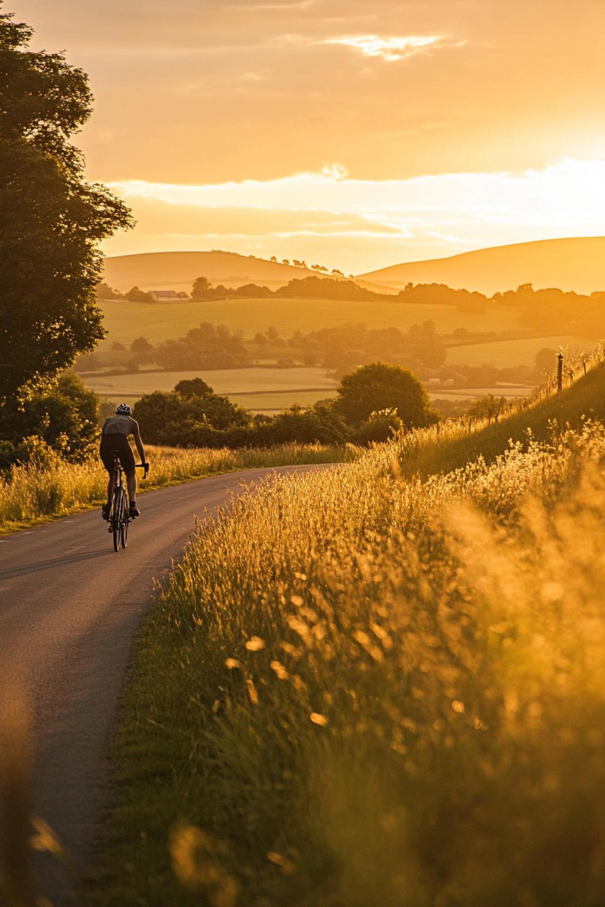 A cyclist rides along a picturesque rural road, bathed in the golden light of sunset, hills and fields are visible in the distance, warm summer shades, a light wind ruffles tall grasses, a long perspective, a feeling of freedom and peace, shadows lengthen, the sun gradually disappears behind the horizon.