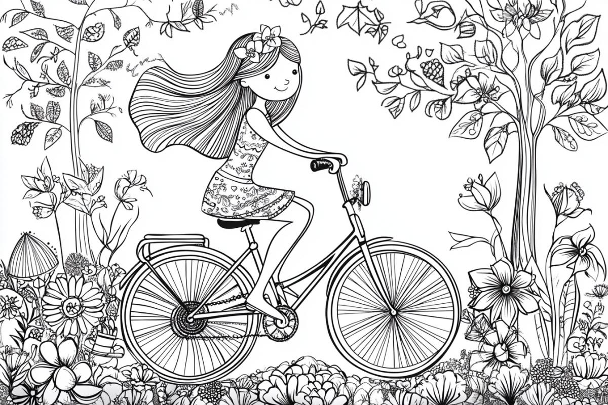 A detailed visually attractive and interesting professional childrens coloring page featuring [a girl ride a bike]. Ensure that it is dark and white, simple, with clear outlines, and spaces are wide enough for coloring. Avoid shading; the image should be purely dark and white line art
