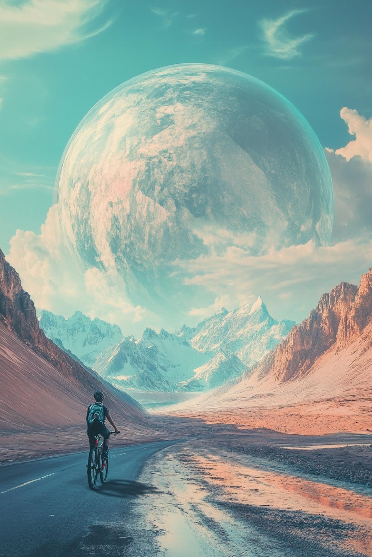 travel by bicycle, maximalism. clear details, Another planet, minimalism, shimmer. realistic image, Photoshop, k-pop style