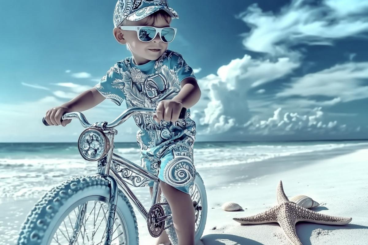 A little boy, about 7 years old, on a bicycle on a sandy beach, a gentle breeze, an azure sky, gentle cold tones, shells and a starfish on the sand, the boy is wearing a shirt and summer shorts with a nautical pattern, a cap on his head, sunglasses, wearing sandals, dreamy smiling, professional beach photography aesthetics, cinematic