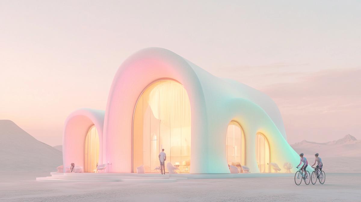 Against the backdrop of a futuristic linen cosmetics store, three athletes cyclists stopped to admire the building, a beautiful and elegant design standing in the vast desert. The store features smooth, flowing architectural lines, a pastel color palette of soft pinks, blues and greens, the outside is illuminated by soft sunlight, and the desert sands create a contrasting background. Shot with a high-definition camera, cinematic lighting, soft shadows, minimalist style, modern architecture, bright pastel colors, desert atmosphere