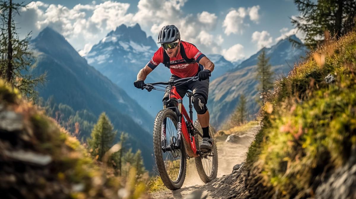 A mountain bike cyclist rides his bike down a mountain bike trail. Active recreation, lifestyle, adventure, outdoor sports
