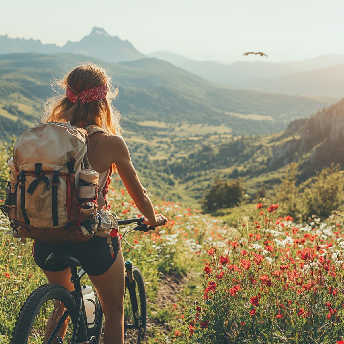 Early summer morning.sunrise. A cyclist rides along a mountain serpentine on a sports mountain bike and looks at the camera. Tanned, athletic build, kind joyful eyes, kind smile. Brown hair is tucked under a bandana on her head. The cyclist is wearing a red sports jersey, dark bike shorts and white sneakers. A sports backpack stands on the trunk of a bicycle. along the mountain serpentine on both sides there are mountain meadows full of blooming flowers, behind the cyclist is the Caucasus mountain range. Above the serpentine there is a blue cloudless sky where a pair of eagles soars