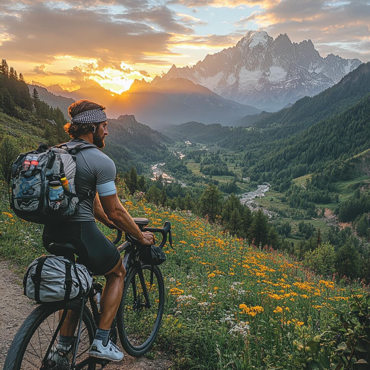 Summer early morning, sunrise over the Caucasus mountain range. A cyclist rides along a serpentine mountain path. athletic build, dark and white sports jersey, dark bicycle shorts and white sneakers. Tanned skin, brown hair tucked under a bandana tied on his head. There are wireless headphones in my ears, a small backpack on my back, and a small hiking bag on the trunk of my bike.