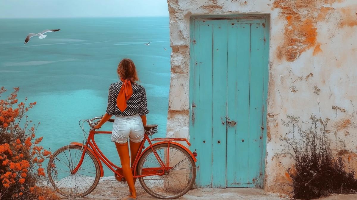 On Vintage Bicycle young beautiful Italian woman in white shorts, polka dot blouse, silk scarf on neck, looking into the distance at sea, seagulls flying, against the background of a shabby blue door of a white limestone house, overlooking a seaside cliff, evoking nostalgia and passion for travel