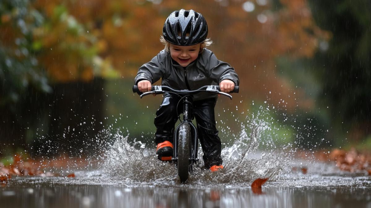 A little boy in a helmet joyfully rides a bicycle through puddles, creating splashes on a rainy day among the autumn foliage of a city park.