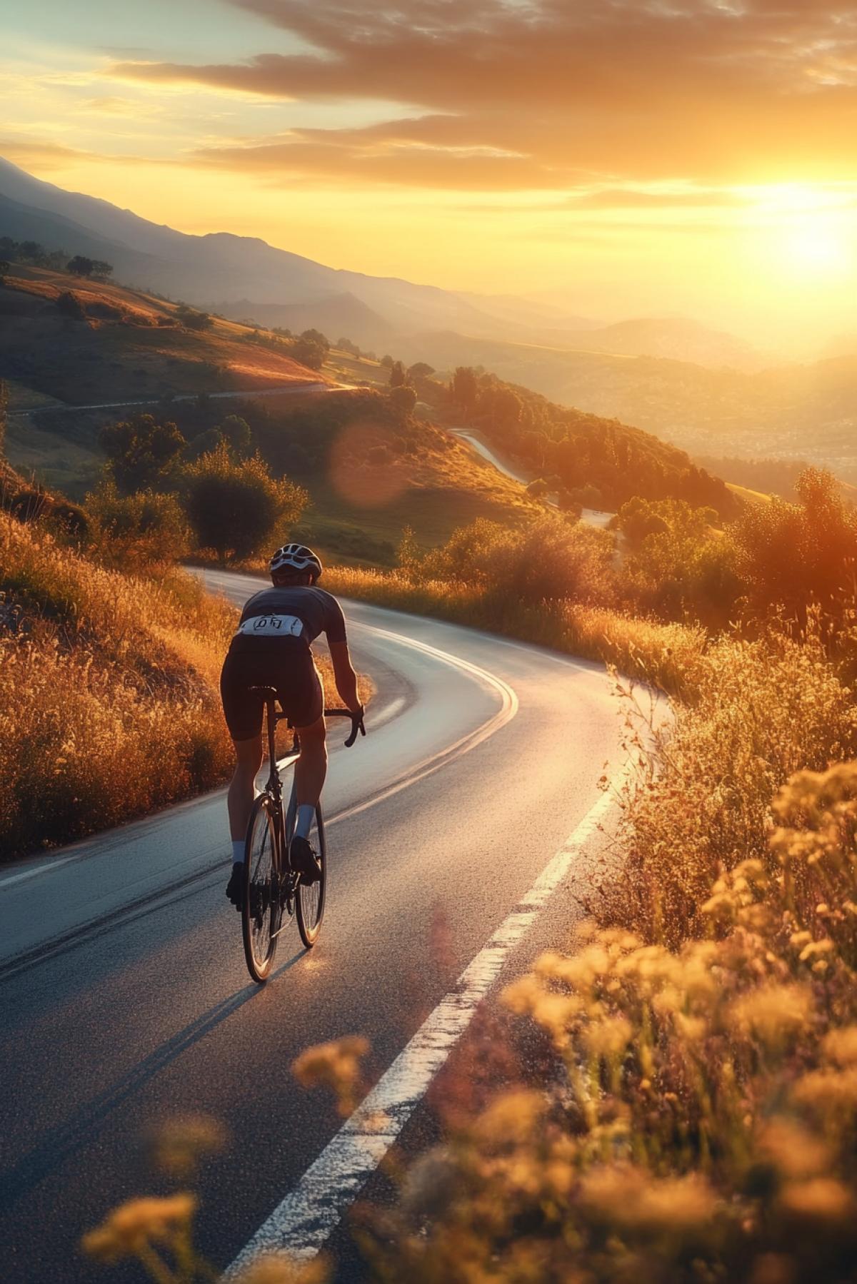 A cyclist rides towards the viewer along a winding road at sunset, capturing the beauty of outdoor adventure and evening light.A cyclist rides towards the viewer along a winding road at sunset, capturing the beauty of outdoor adventure and evening light.