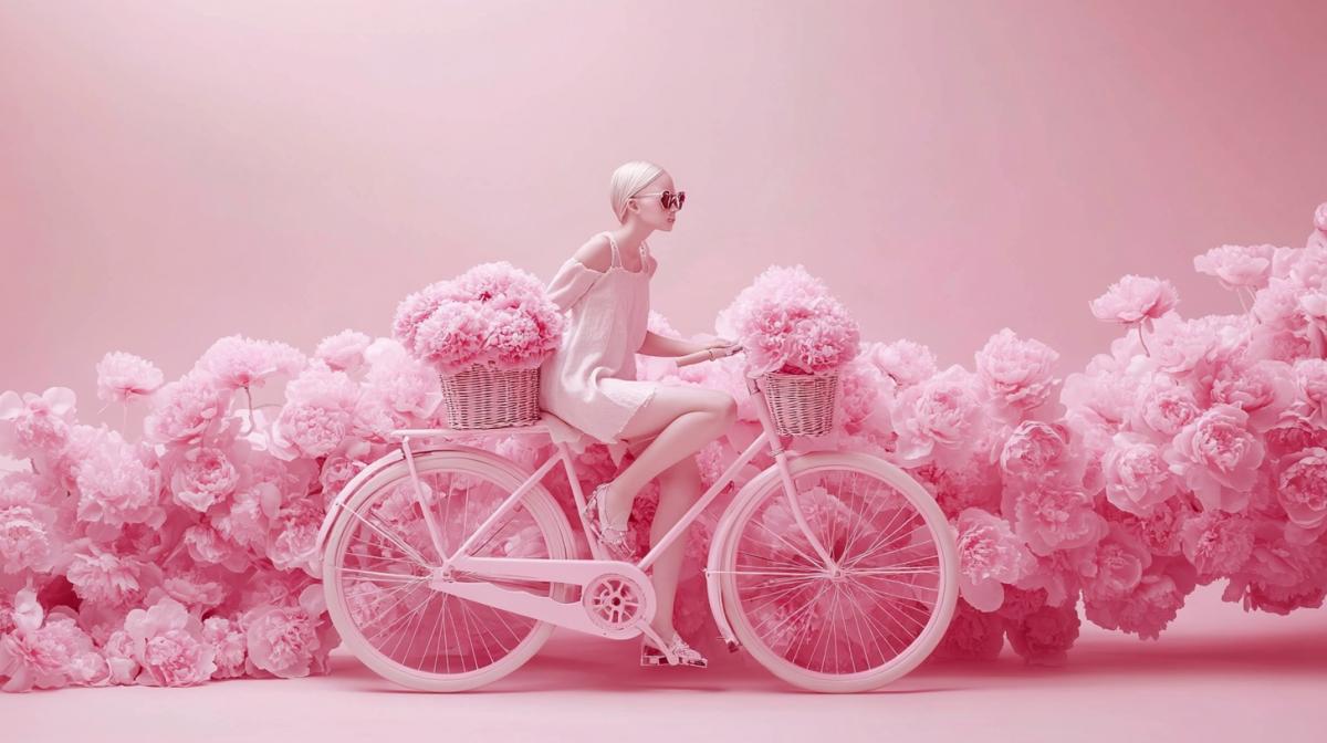 Young albino girl in rhinestone glasses in a linen boho dress on a gamy pink bicycle with a flower basket, developing hair, a train of pink peonies flowers stretches behind the bicycle on a pink background, bokeh, dew drops
