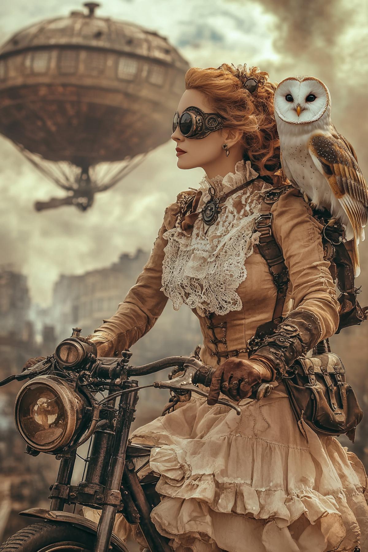 Steampunk style, female cyclist traveler, barn owl on shoulder, old Victorian costume, lace, glasses, gloves, vintage bicycle, steampunk city around, airship in the sky, steam locomotive smoke billowing in the distance, bronze and copper tones, thick atmosphere of steam and oil, sense of adventure and fantasy.