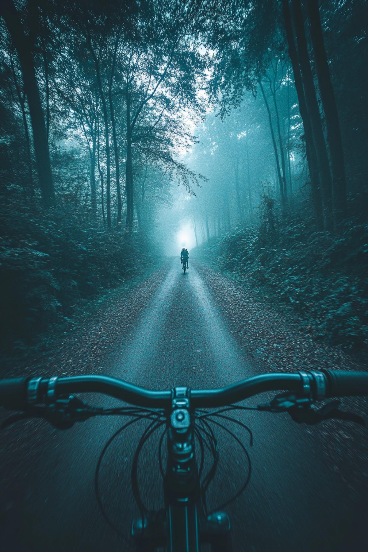 bike ride, flickering, Parallel world, in the style of the TV series Supernatural, American rock 1980