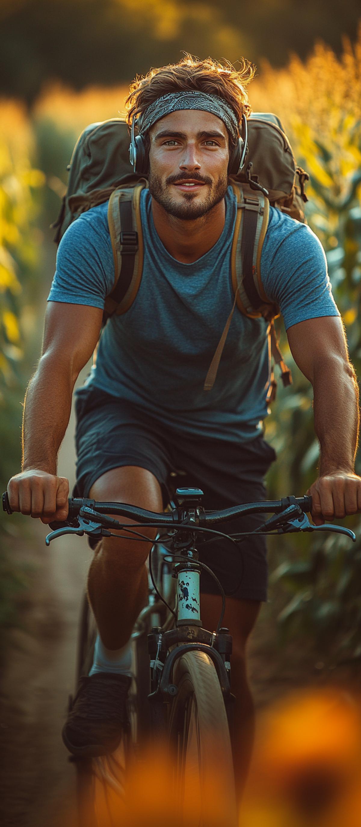 Early summer morning.sunrise. A traveler rides past a field of ripe corn on a sports bike along a sandy road, looking at the camera. athletic build, wearing a blue T-shirt, dark bicycle shorts and white sneakers. On a tanned face there are cheerful gray eyes, a kind smile, hair tucked under a bandana worn on the head. Wireless headphones in the ears. Hiking backpack on the trunk of the bicycle.