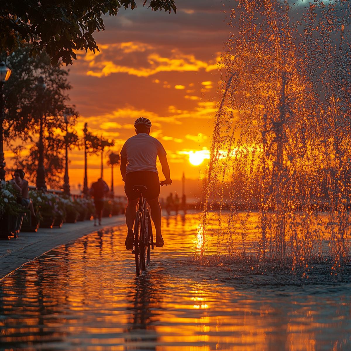 Early summer morning, sunrise at. city ​​of the Krasnodar region. embankment, fountain, a cyclist on a bicycle near the fountain, wearing a white and dark T-shirt, dark bike shorts and dark sneakers. Brown hair is pulled back into a ponytail and there are wireless headphones in his ears. A cyclist watches the sun rise over the sea.