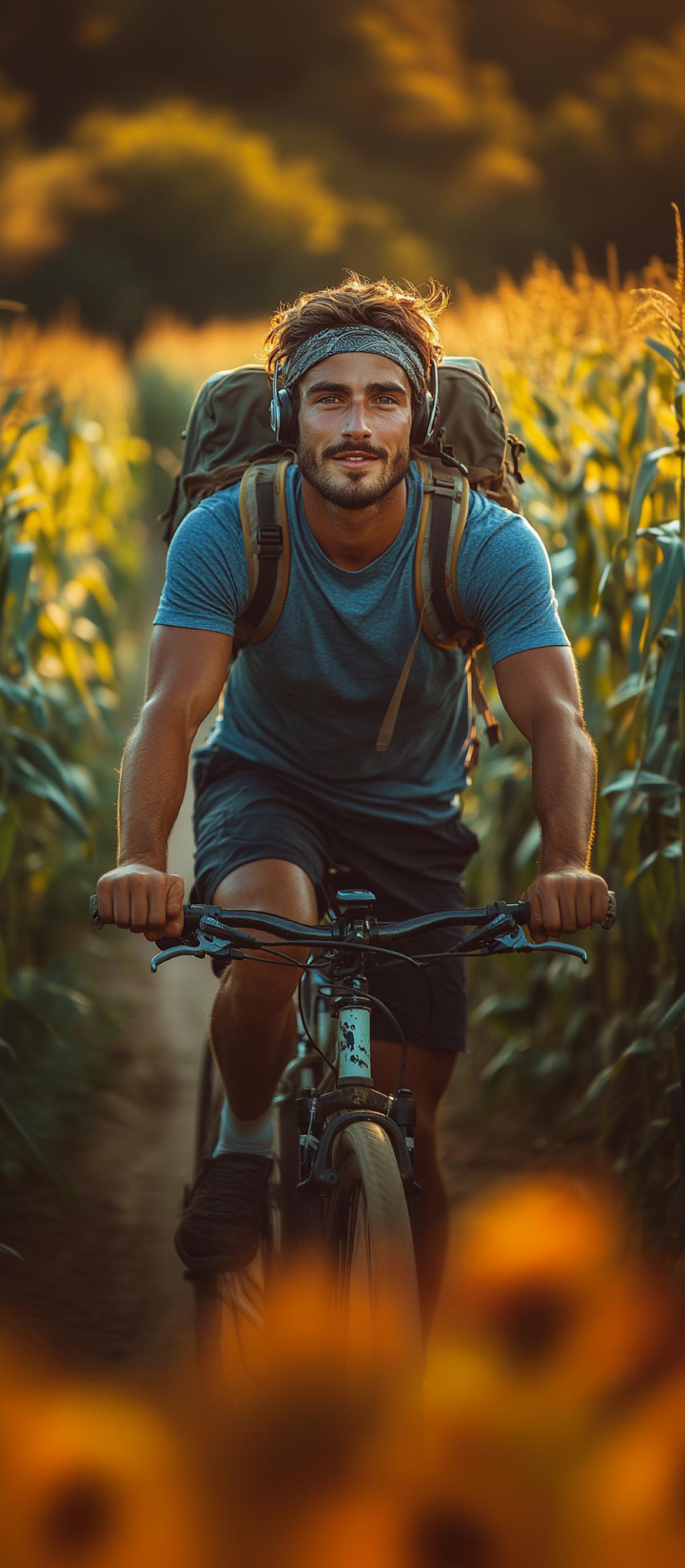 Early summer morning.sunrise. A traveler rides past a field of ripe corn on a sports bike along a sandy road, looking at the camera. athletic build, wearing a blue T-shirt, dark bicycle shorts and white sneakers. On a tanned face there are cheerful gray eyes, a kind smile, hair tucked under a bandana worn on the head. Wireless headphones in the ears. Hiking backpack on the trunk of the bicycle.