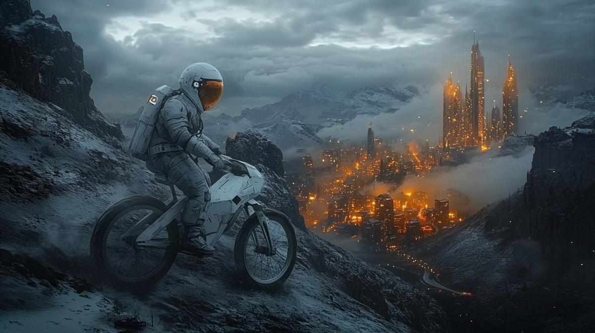 In the style of futurism, an astronaut rides through mountainous terrain on a futuristic snow-white bicycle, in front of him is a view of the city with glowing windows and street lamps, sparks, and creeping fog