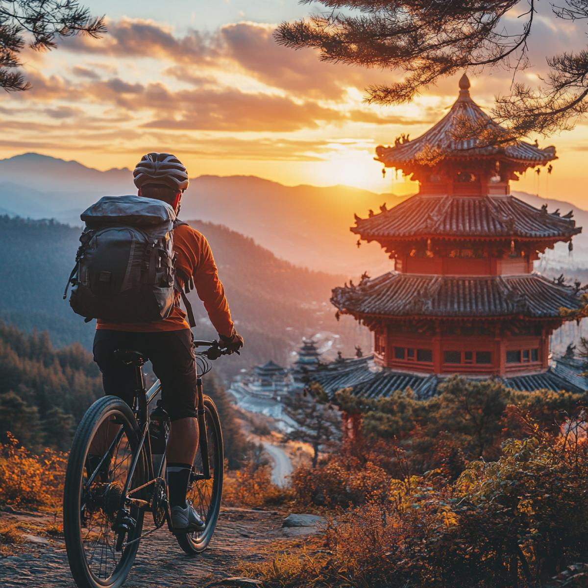 Travel by bicycle to Buddhist temples.. A cyclist at sunrise on a sports bike rides to a Buddhist temple. on the cyclist sportswear, on the trunk of the bicycle a travel backpack