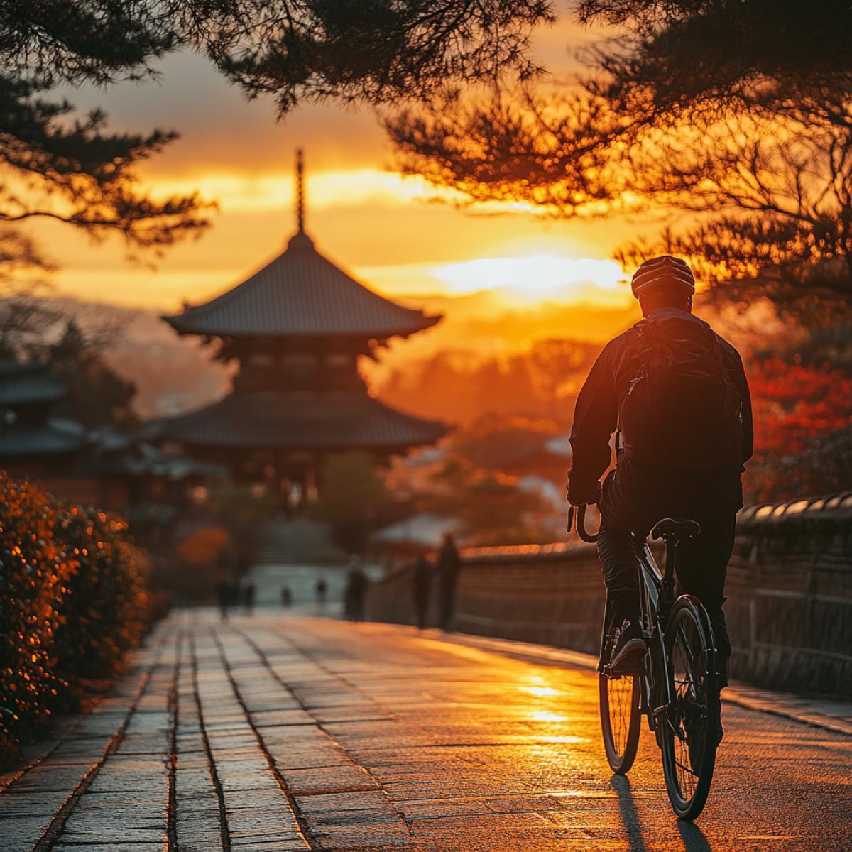 Travel by bicycle to Buddhist temples.. A cyclist at sunrise on a sports bike rides to a Buddhist temple. on the cyclist sportswear, on the trunk of the bicycle a travel backpack