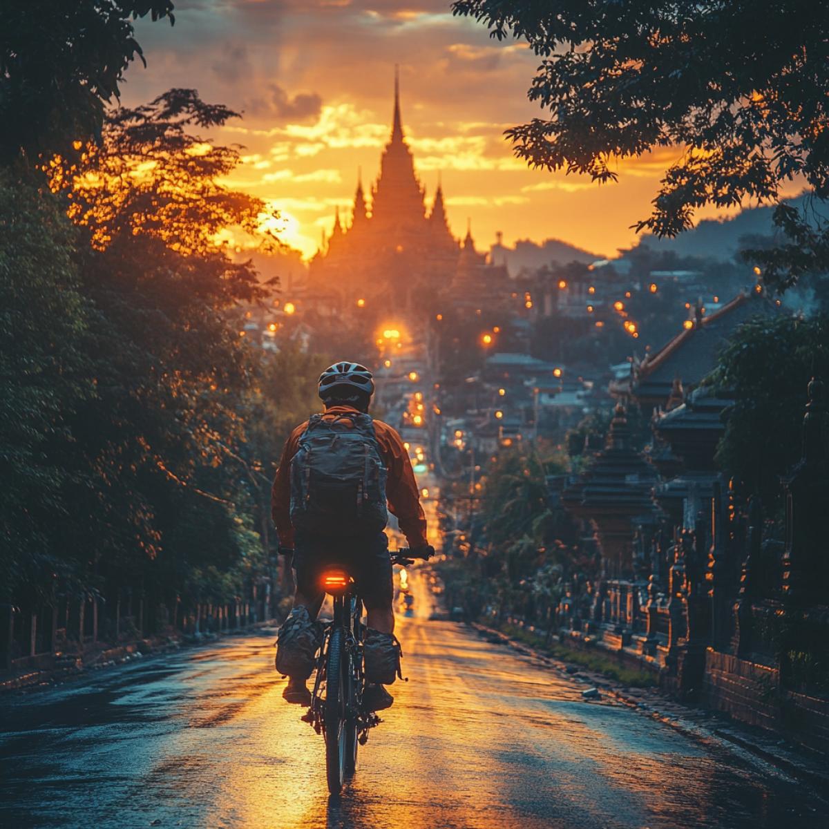 Travel by bicycle to Buddhist temples.. A cyclist at sunrise on a sports bike rides to a Buddhist temple. on the cyclist sportswear, on the trunk of the bicycle a travel backpack