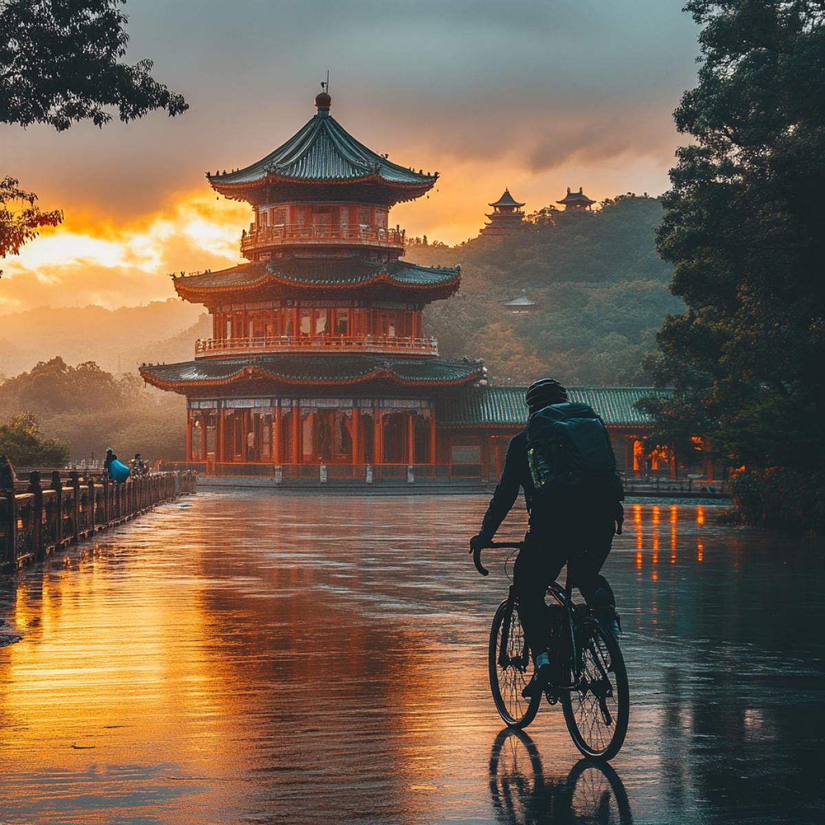 Travel by bicycle to Buddhist temples.. A cyclist at sunrise on a sports bike rides to a Buddhist temple. on the cyclist sportswear, on the trunk of the bicycle a travel backpack