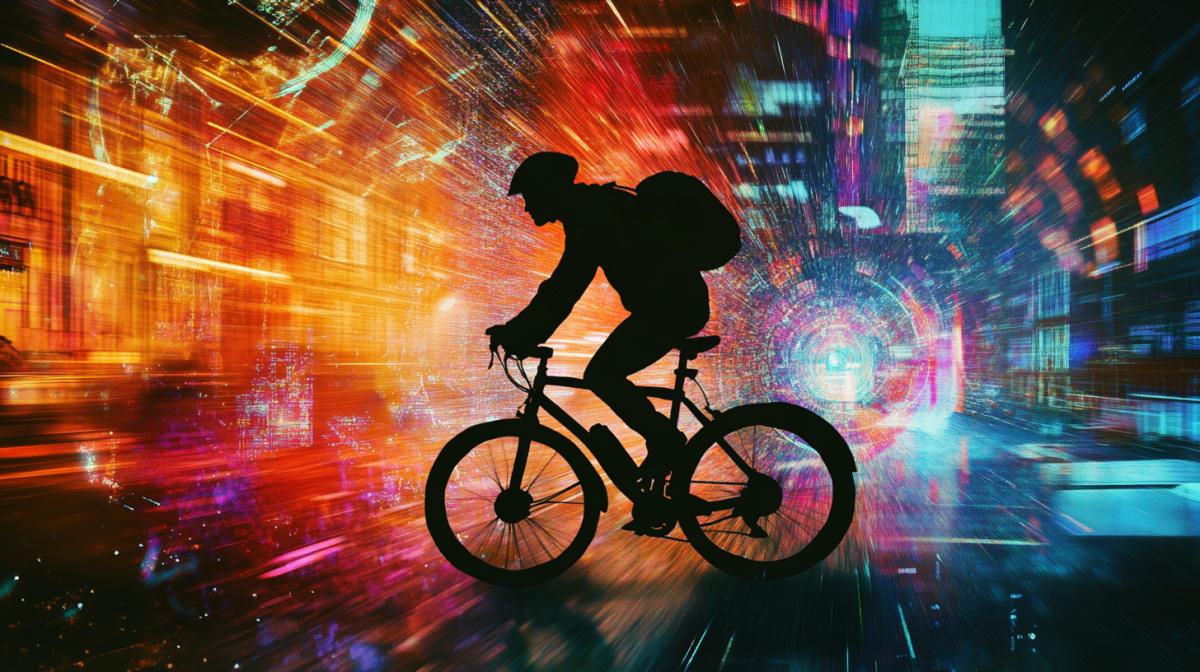 collage image of a quantum, movement of energies and silhouette of a man on a bicycle, hi-tech, neon
