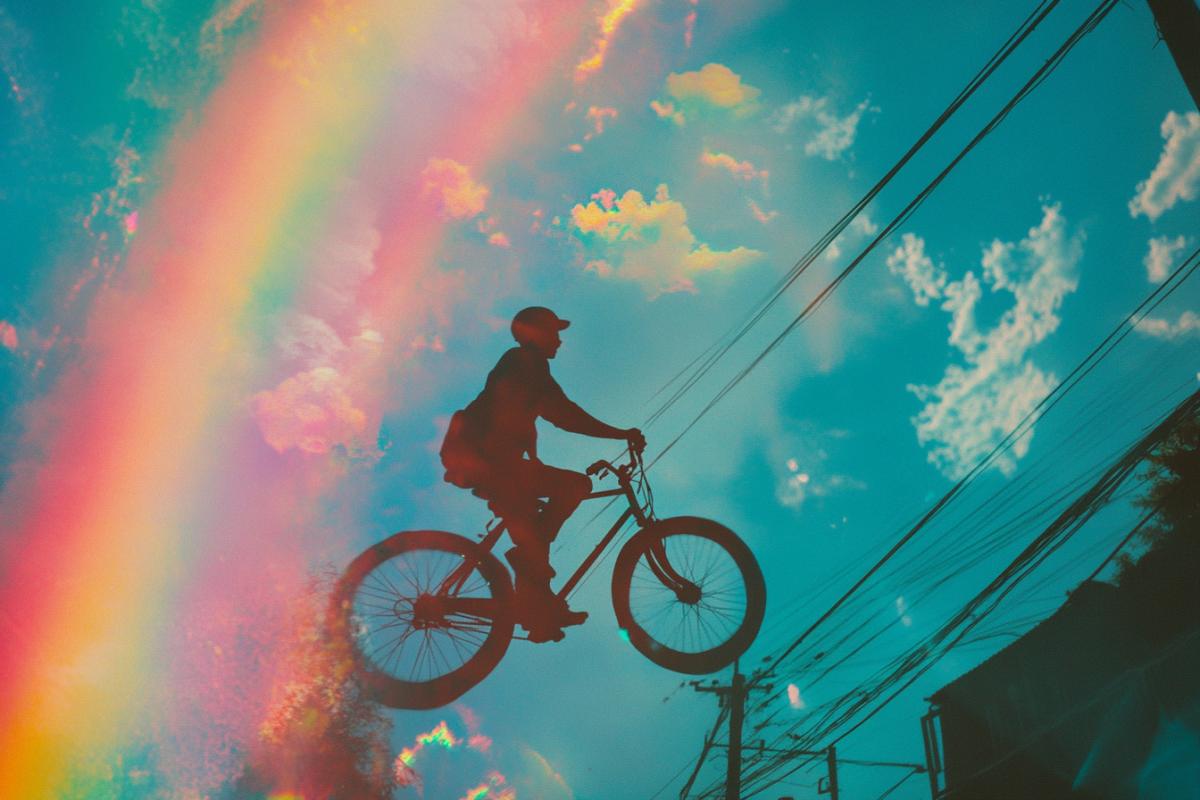 collage image of a rainbow, blue sky and a silhouette of a man riding a bicycle on a rainbow, neon