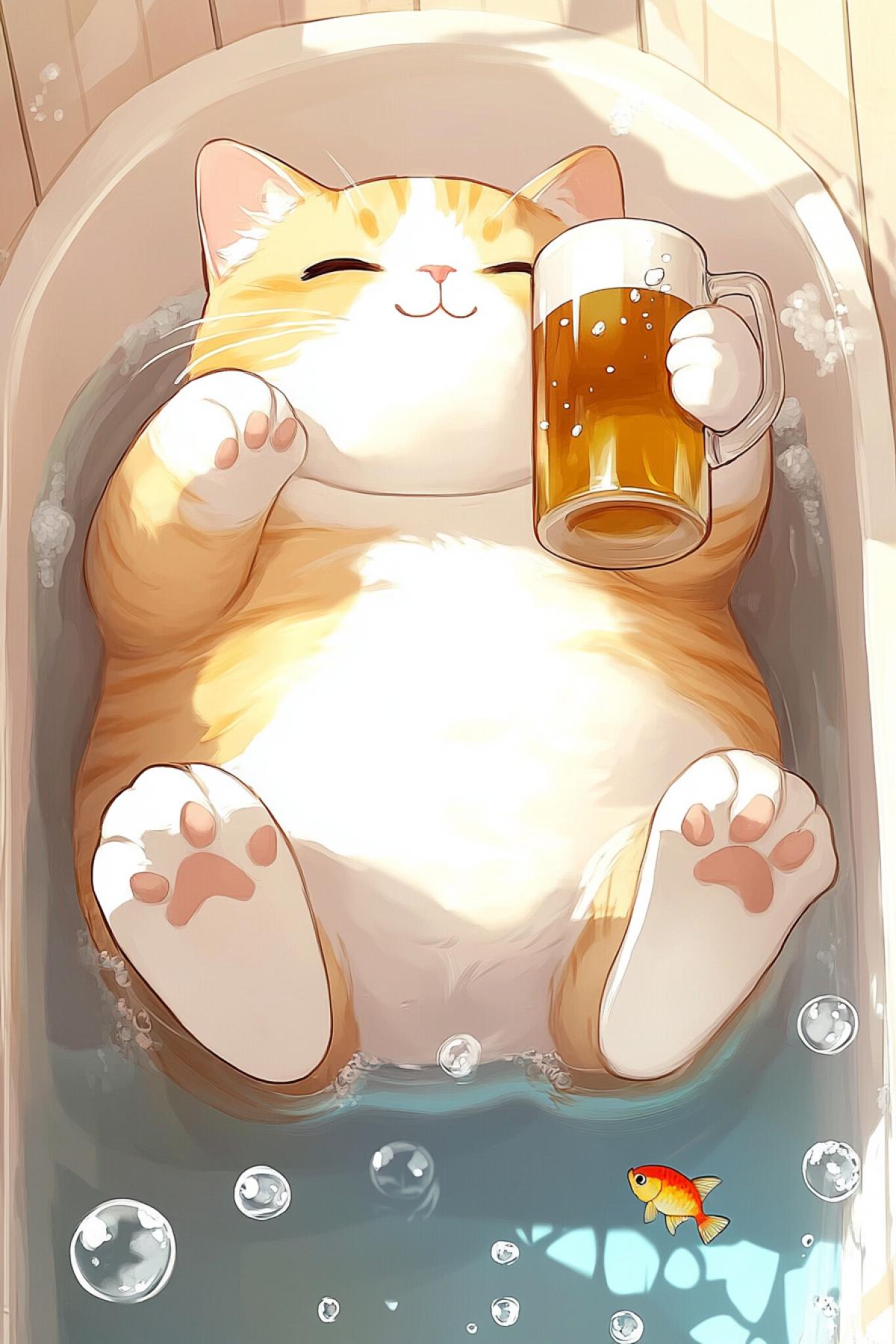 Cartoon, cardboard style, chubby anime cat cute and charming with a beer mug drinks beer in a bathtub where small fish swim, soap bubbles, top view, delicate background