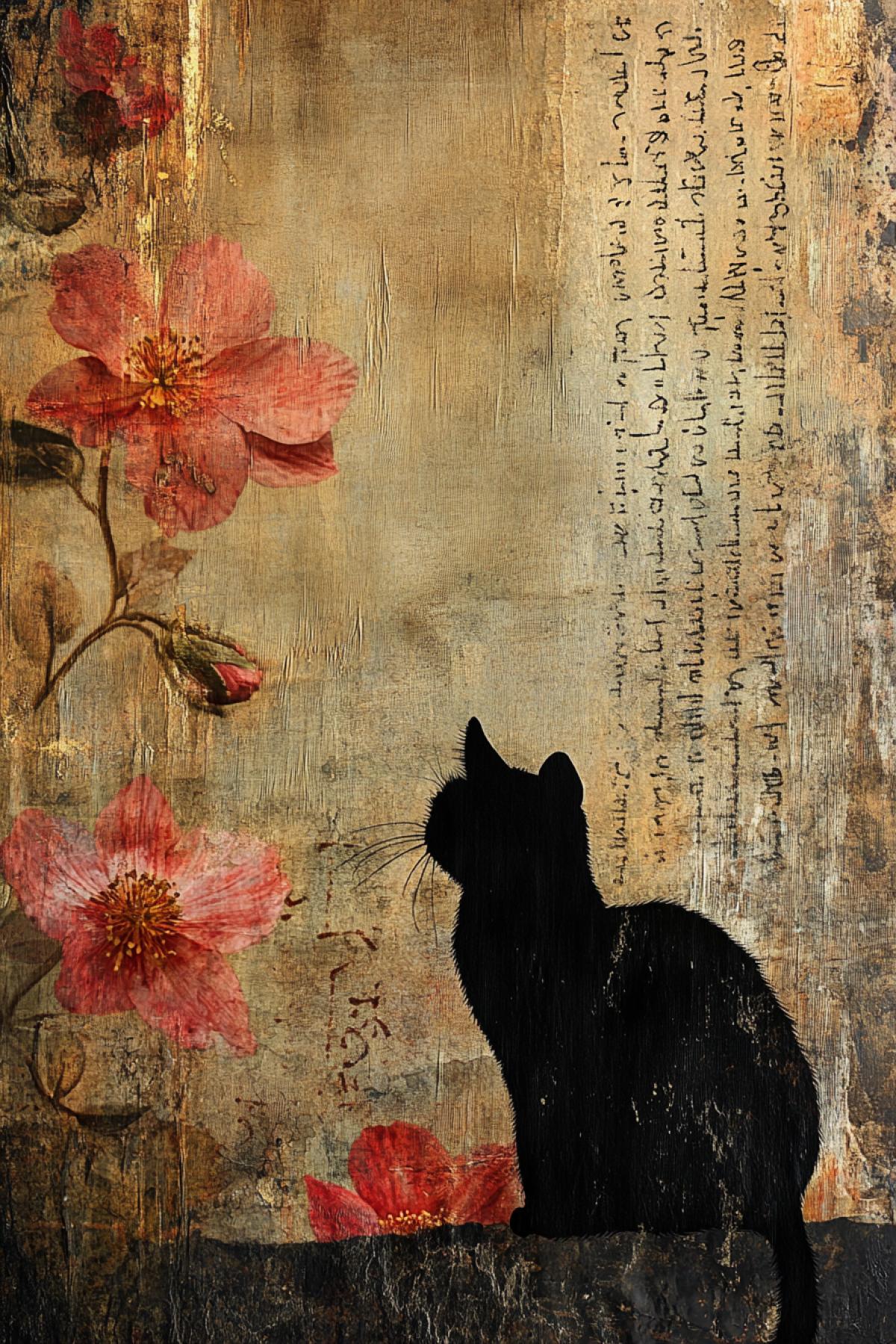 Cat, ancient majestic flowers in a stunning mixed media artwork, textured to the touch, contrasting sharply against a muted background, tilt-shift photography elements intervene, silk dissolves to highlight scrawled inscriptions, every detail is painstakingly captured, love with stunning hues, layers of gold provide a celestial sheen, matte yet glossy, mixed media manipulation, hyperrealistic, chemically etched, sharp focus, studio photography