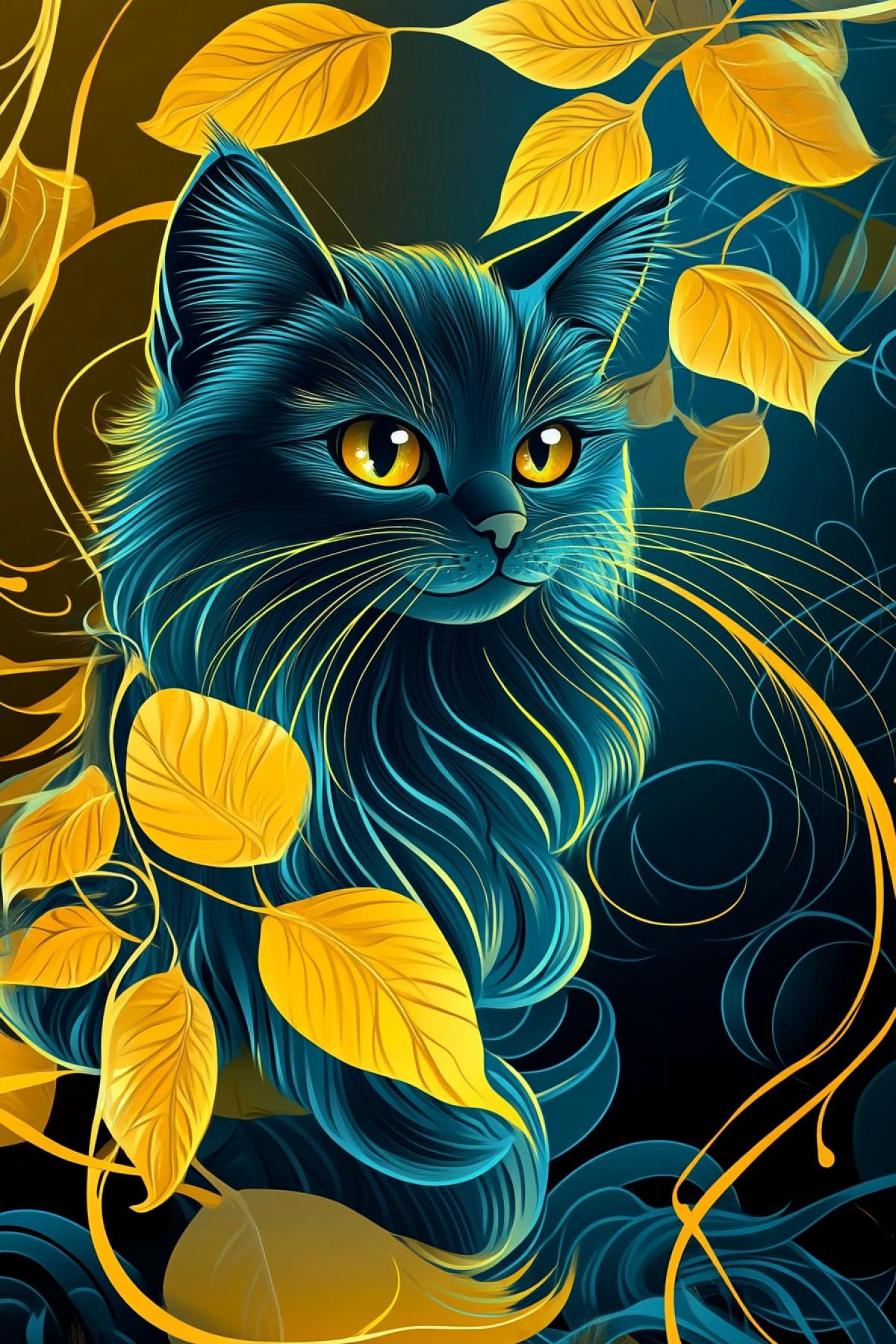 Against the background of golden leaves and smoke, a very charming and fluffy anime cat, huge sparkling eyes