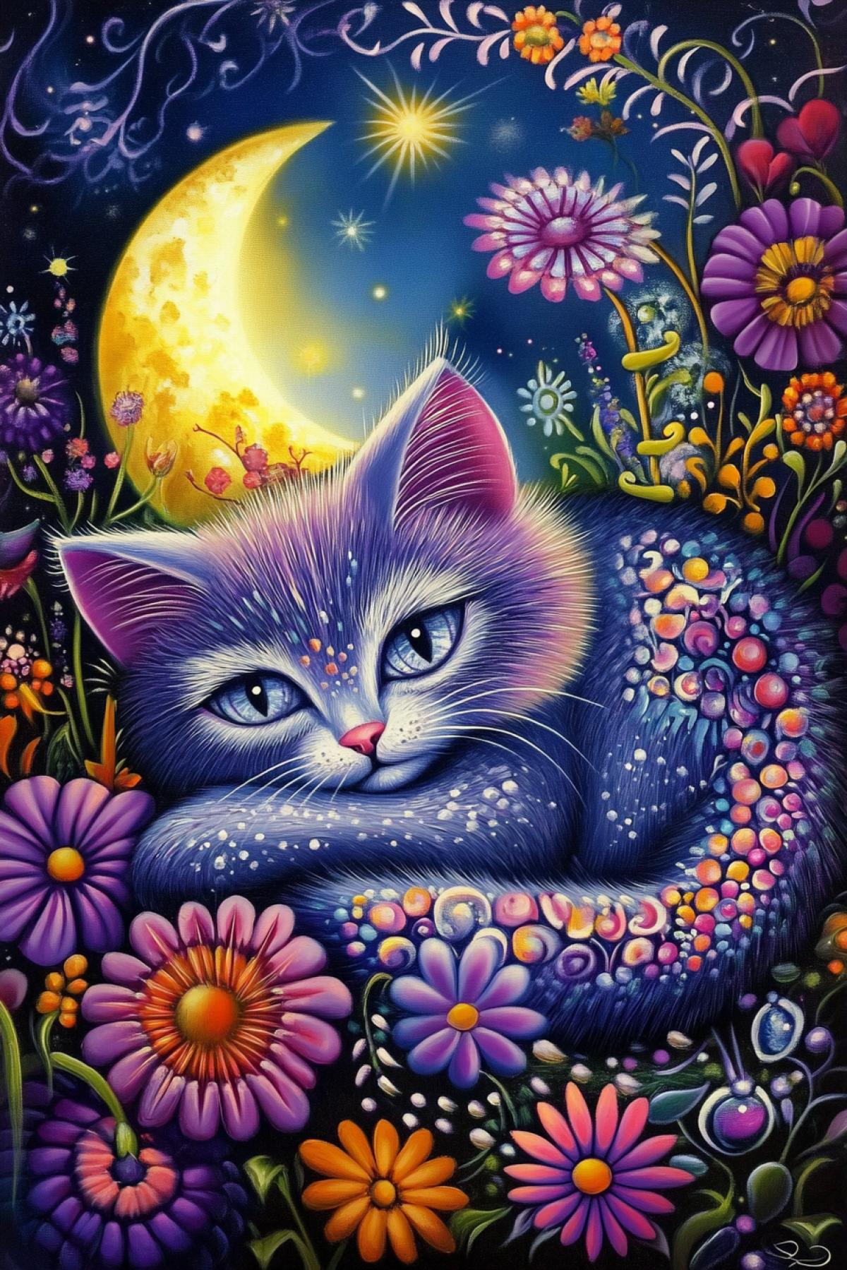 Flowers, primitivism, naiv, oil painting, a shimmering lavender cat with silver eyes lies on the moon, lights, smoke, against the background of the night sky, a magical forest