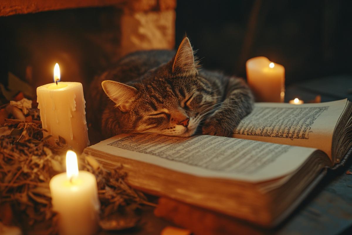 A cat sleeping on an open book, surrounded by candles and herbs in the witchs house. The scene is bathed in warm tones of brown and gray, creating a cozy atmosphere. A fireplace with flickering flames adds to its enchanting ambiance. In front of it lies another closed vintage grimoire. The com4k captures the serene moment as if through a macro lens.