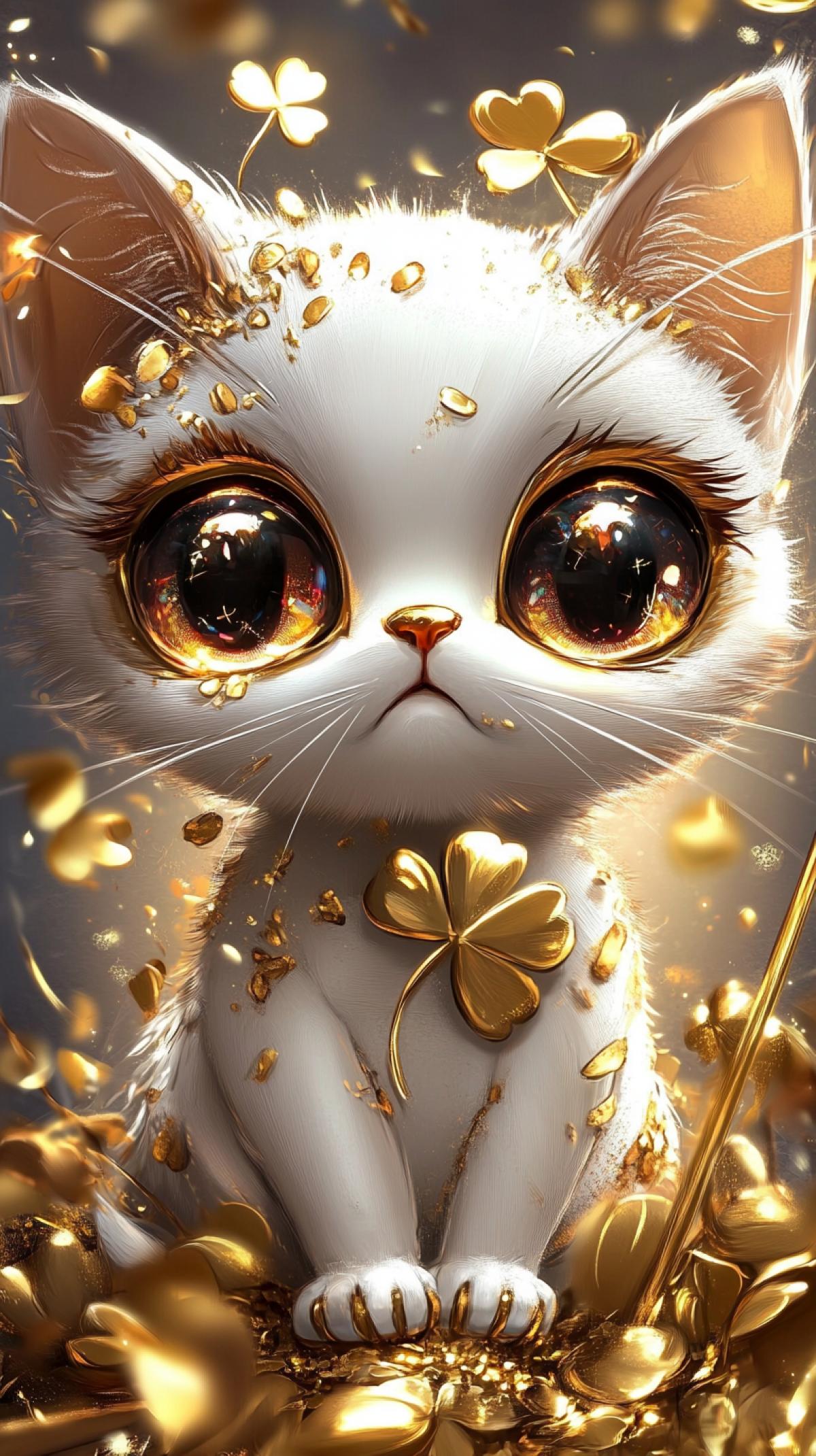 Cute anime cats, huge shiny eyes on a background of golden clover leaves