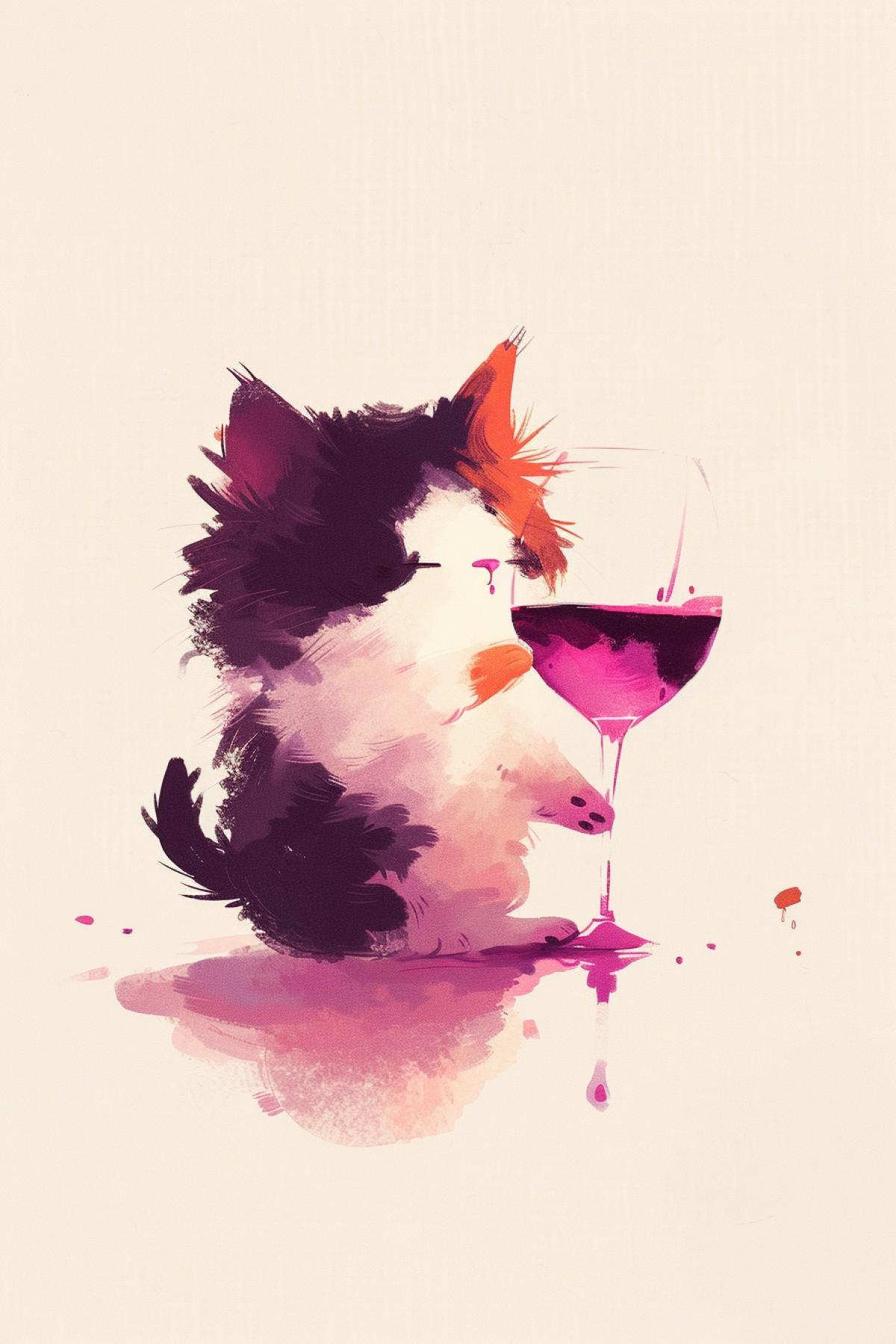 Here is the image you requested of a full-bodied, cute and adorable cat drinking wine. The image has an elegant and minimalist style, resembling a childrens drawing. I personalized it according to your preferences.