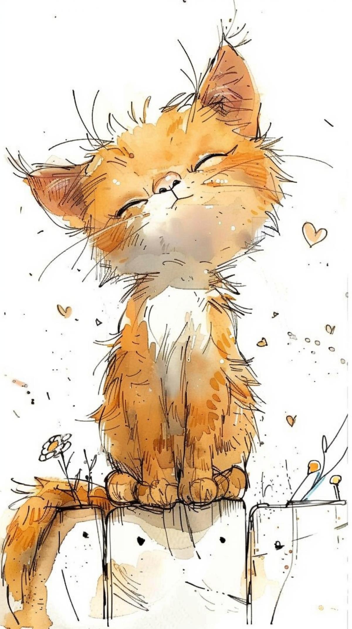 Charming red kitten, in the style of a watercolor drawing. white background, full-length, sitting on a white fence, small hearts, small flowers
