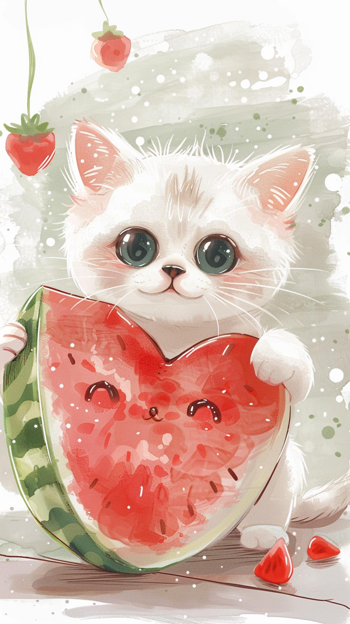 The kitten expresses love for the watermelon, holds a large cartoon heart in the form of a watermelon, loves it very much, next to it is half a watermelon, anime style