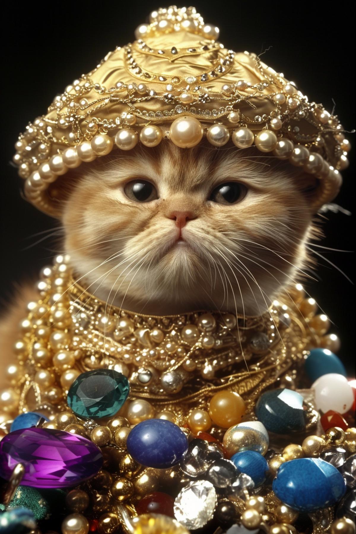 Cat-jeweler among jewelry and gems, hard-working cat