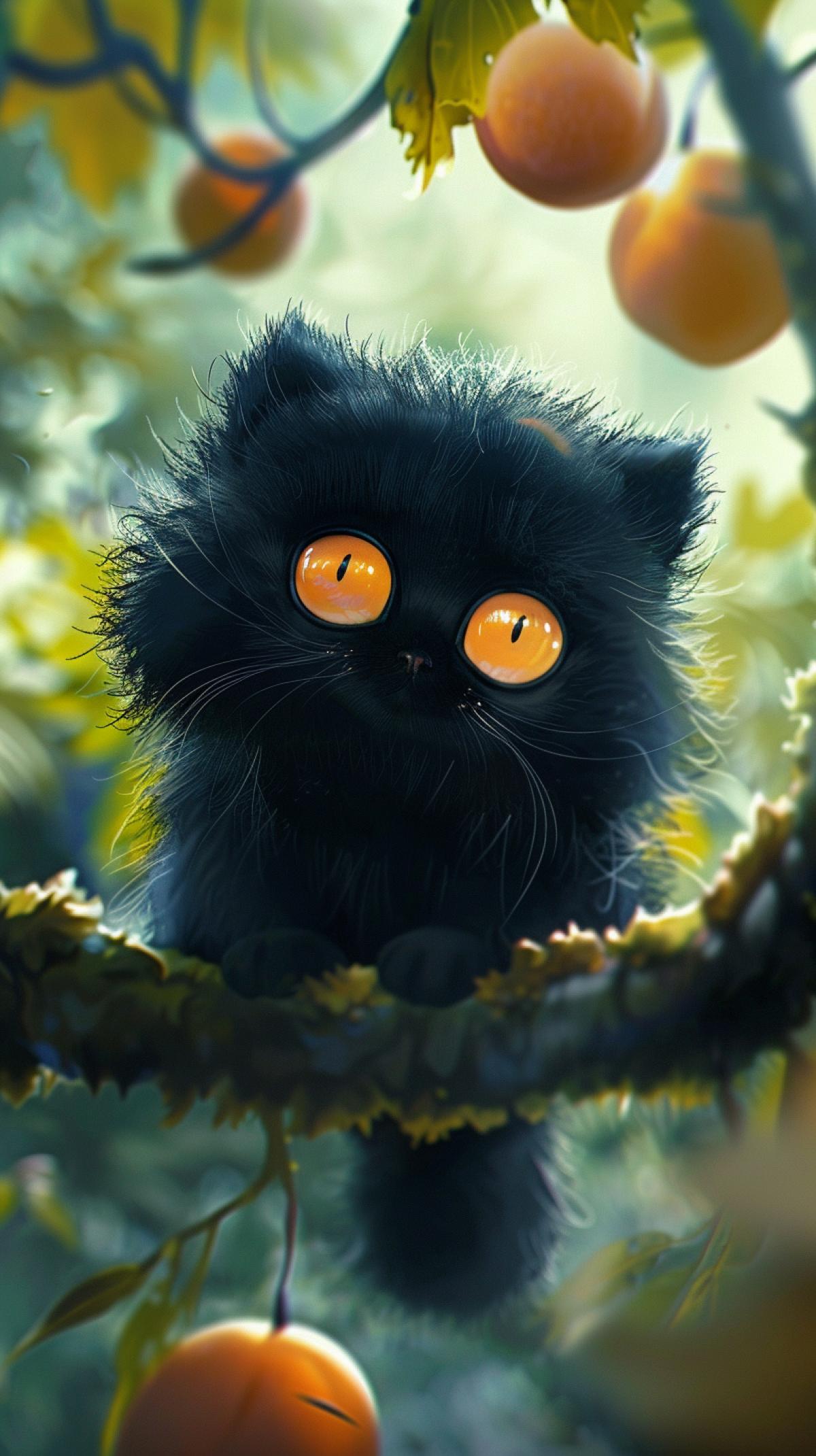 morning, cute, fluffy seed, pod, fluffy,. dark cat plant, spherical, dark, with a face, teases on an apricot tree with fruits, fantasy, creativity, digital art, watercolor, happy, Miyazaki style, romantic, aesthetic, beautiful, high resolution, high detail