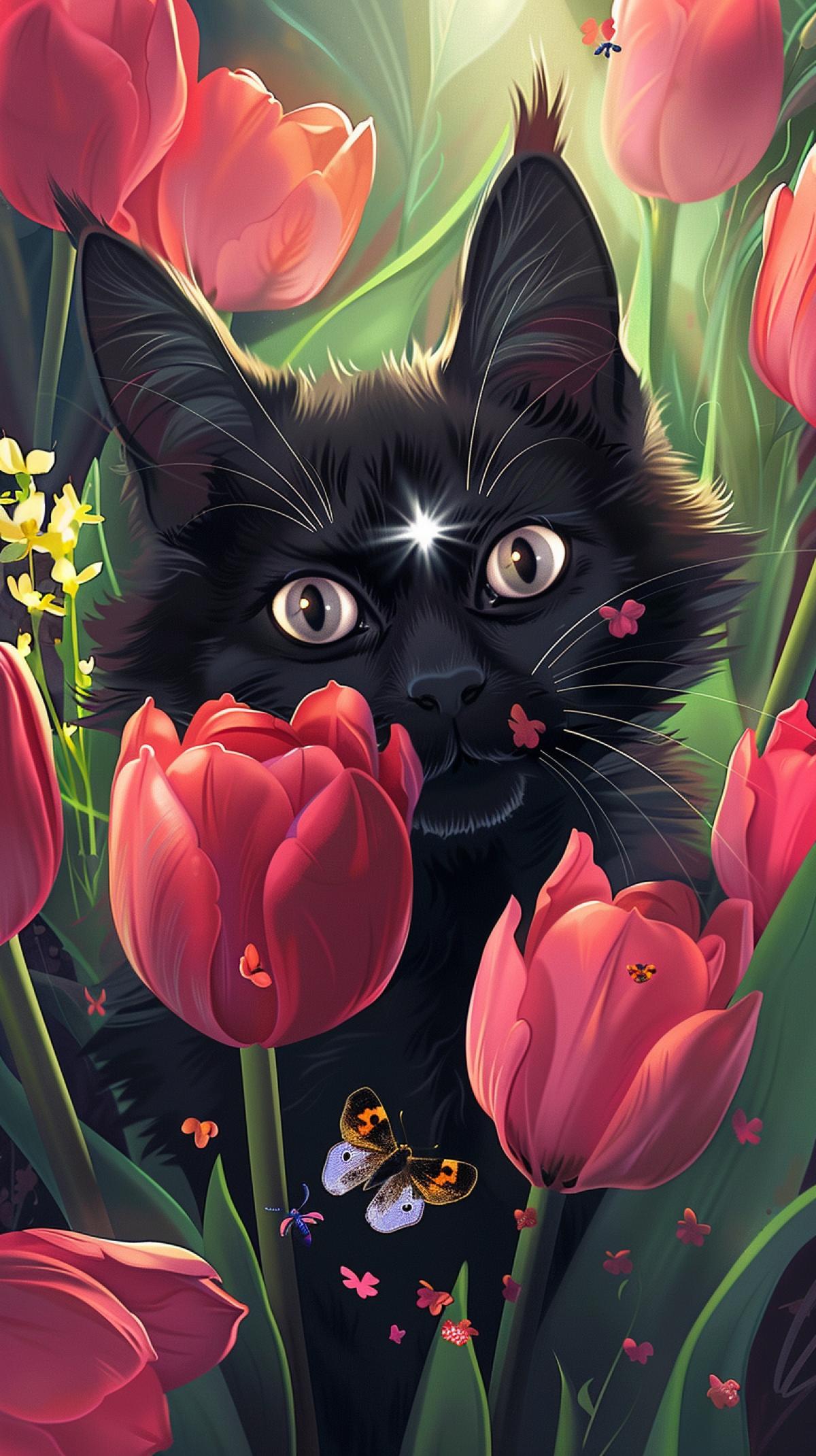 A dark cat, big eyes, a white glare in the pupil in the form of a star, shyly peeking out from behind a bouquet of double burgundy-red tulips, a moth. Bright colorful illustration