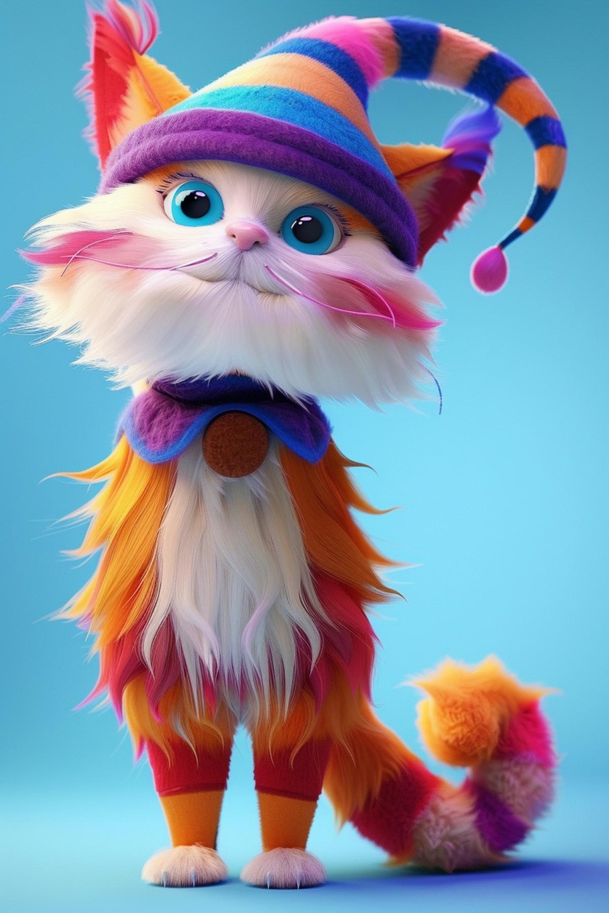 With exact style preservation: On four legs: Adorable Viking cat, blue eyes, pink cheeks, striped tail, created from plush and multi-colored felt, he is big but very cute, random angle, bright and colorful, 3d art baby blue background