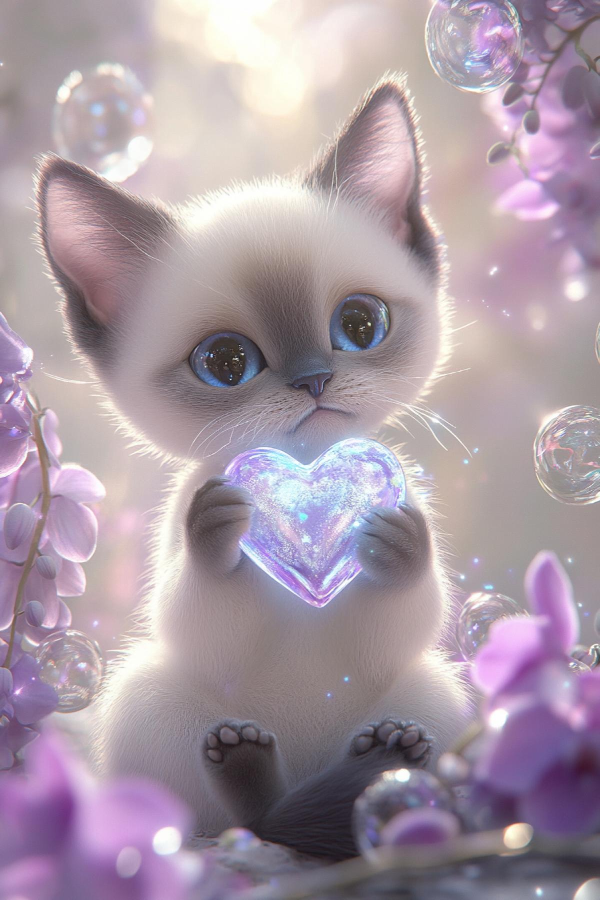 A romantic 3D render of a cuddly baby Siamese cat with blue eyes, holding an iridescent lilac heart. The scene features whimsical orchid flowers and floating heart-shaped glass bubbles. Soft pastel hues of lilac and silver create an immersive experience, making it a masterpiece for Disney and romantic art enthusiasts.