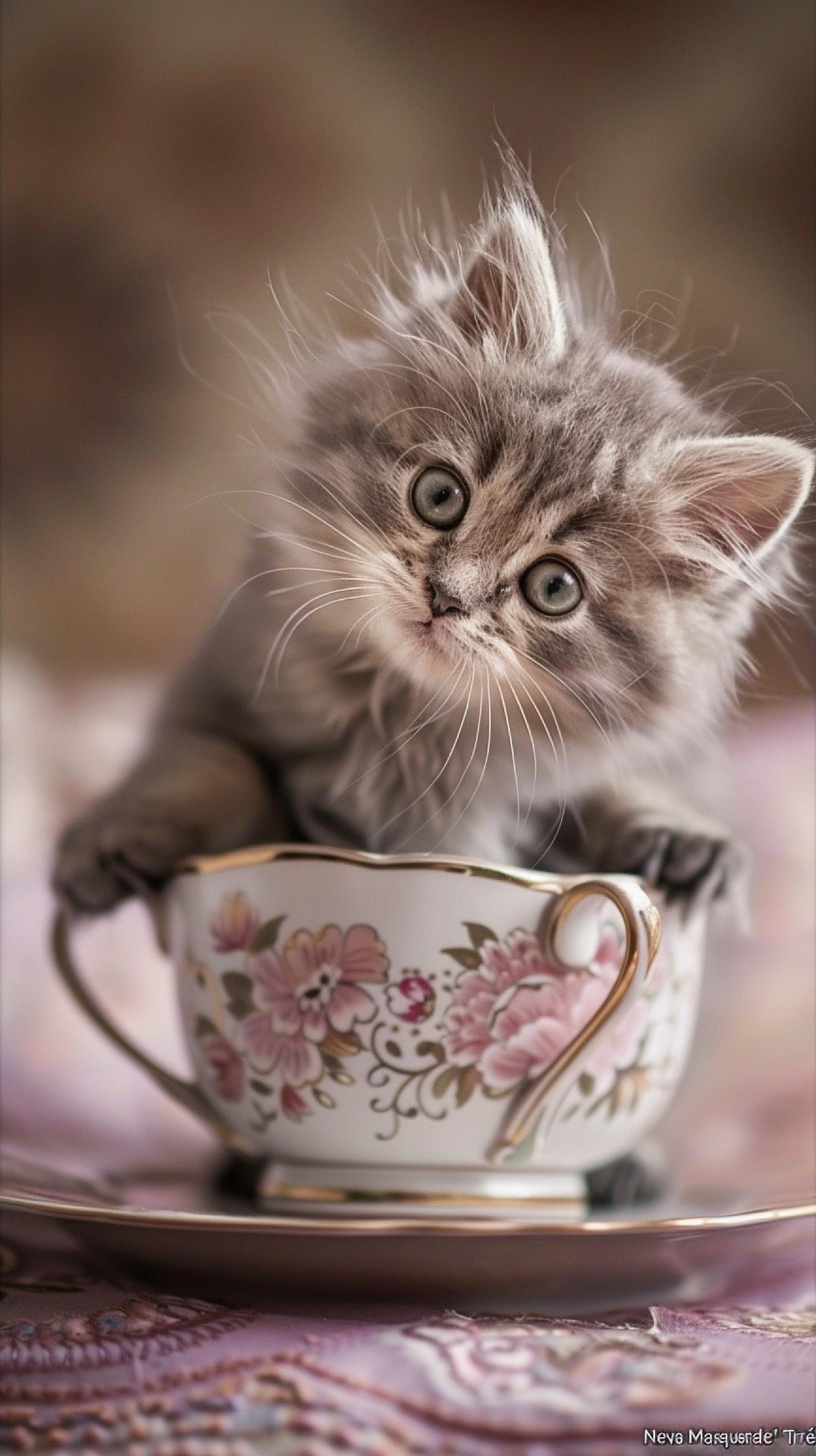 A very cute little fluffy kitten of the breed \"Neva Masquerade\" on the \"Très Belle\" table, looking out of a porcelain cup,. soft and pastel colors, tenebroso perfecto, contrast, illustration
