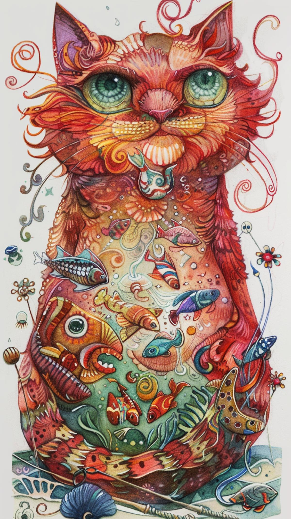 In the style of Tim Burton, Josephine Wall, a colorful and gentle image on a white background of a plump red cat with a bouquet of fish in craft paper, a sweet smile, gentle big eyes, curls from fishing rods and fish